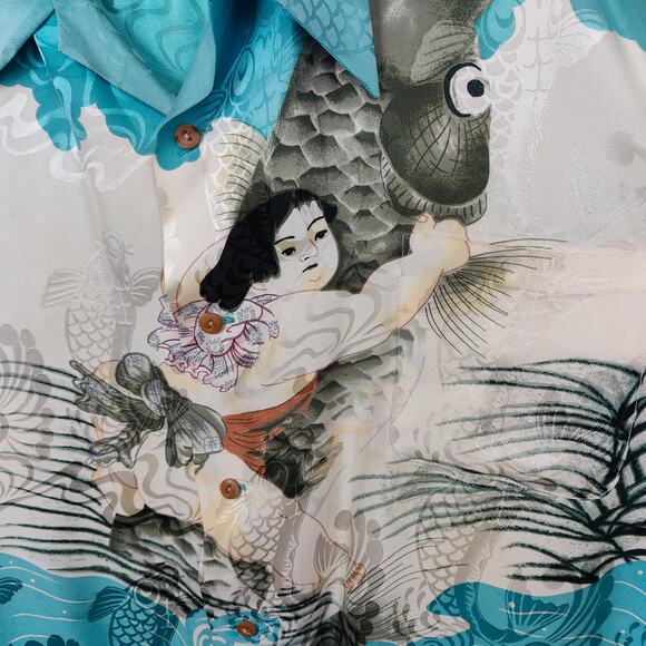 Vintage Orient Express Silk Hawaiian Shirt‎ Mens XL Blue Koi Japenese Print - Picture 2 of 11